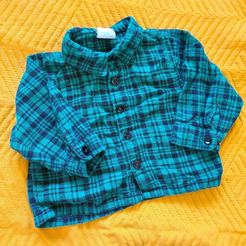 Vintage Kids Unisex Flannel Button Up Teal Blue Plaid Size 24 Months